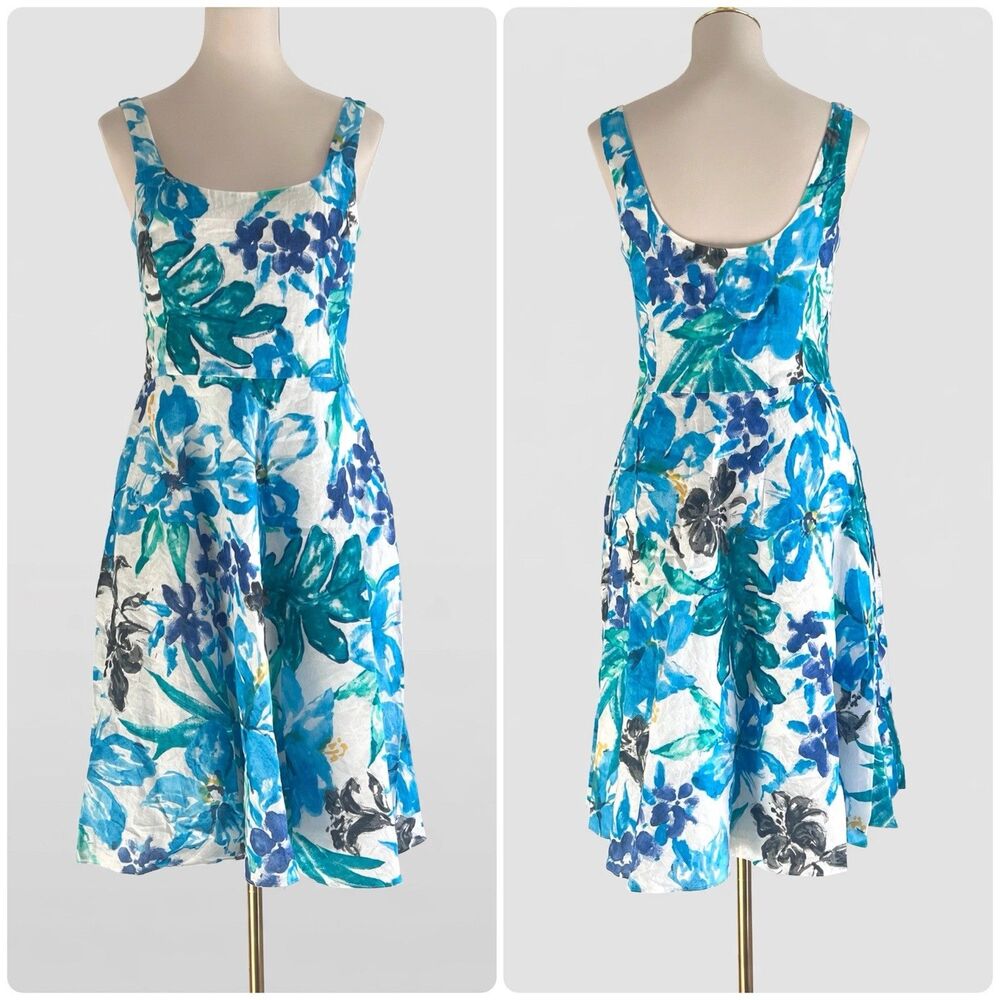 VTG Lauren Ralph Lauren 100% Linen Blue Watercolor Floral Fit Flare Dress sz 6
